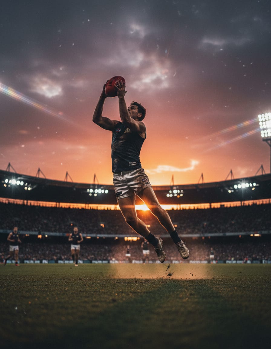 Australian rules football match at sunset, crowd blurred behind