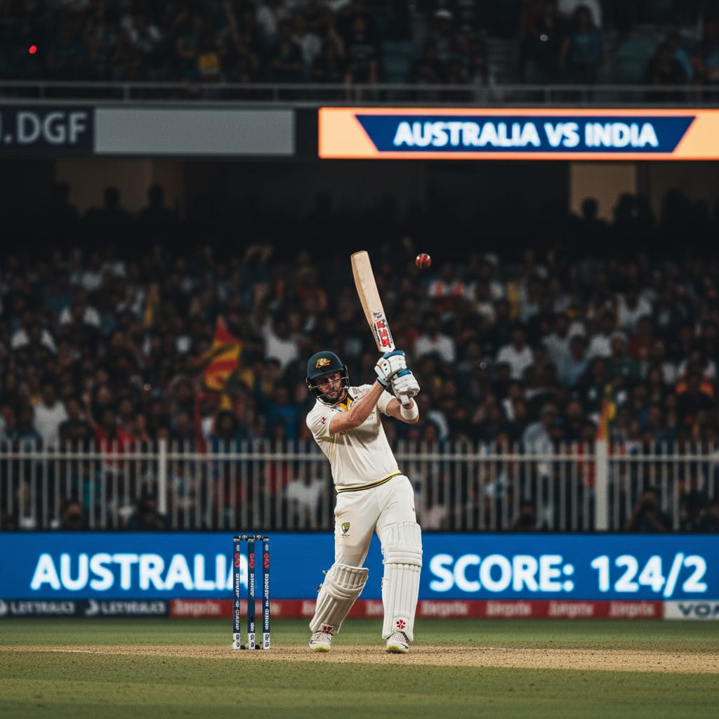 Cricket batsman mid-swing under stadium lights