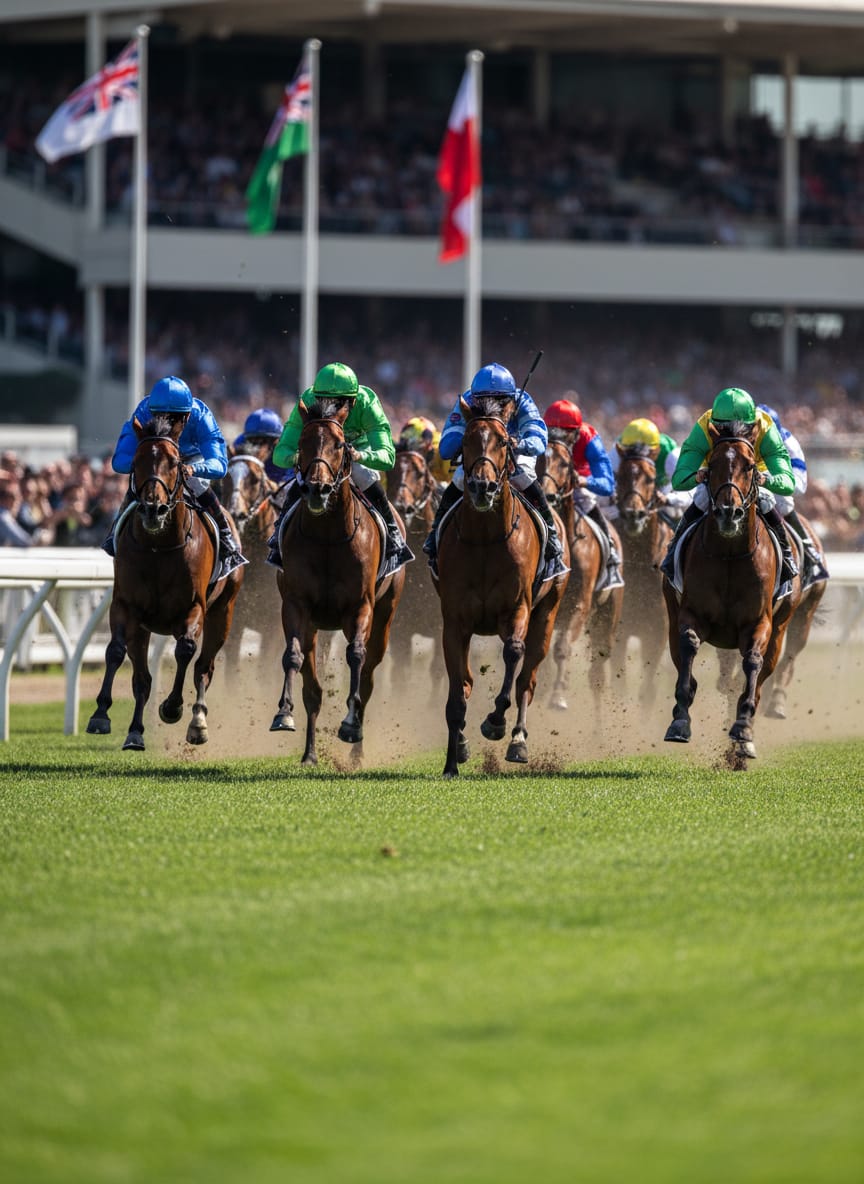 Thoroughbreds charging down a green turf track