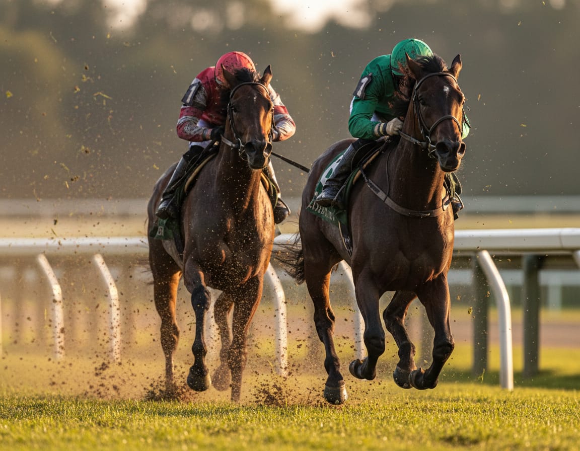 Racehorses thundering down the turf track
