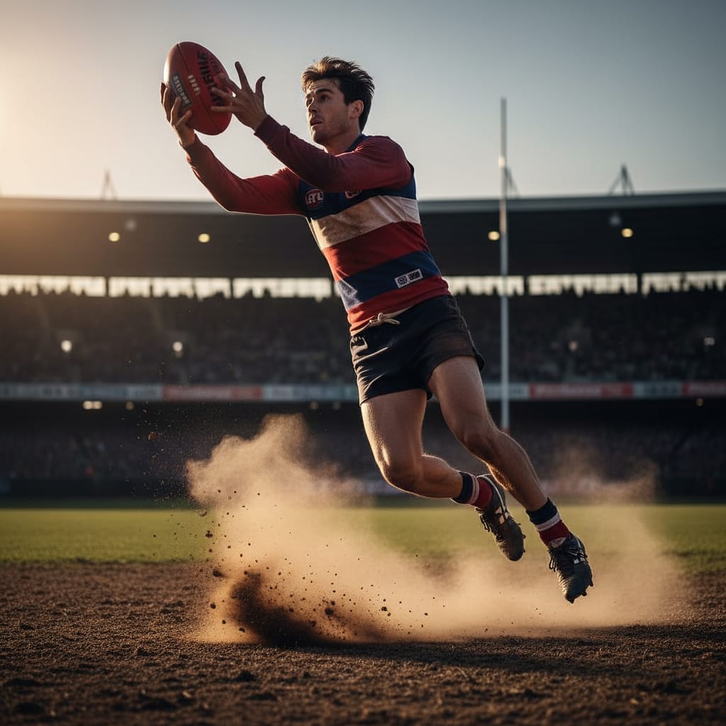 Australian rules footballer leaping for a mark